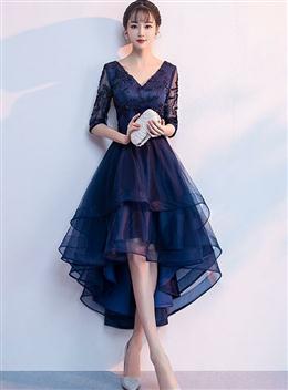 Picture of Navy Blue Lace and Tulle Layers V-neckline High Low Party Dresses, Blue Short Prom Dresses